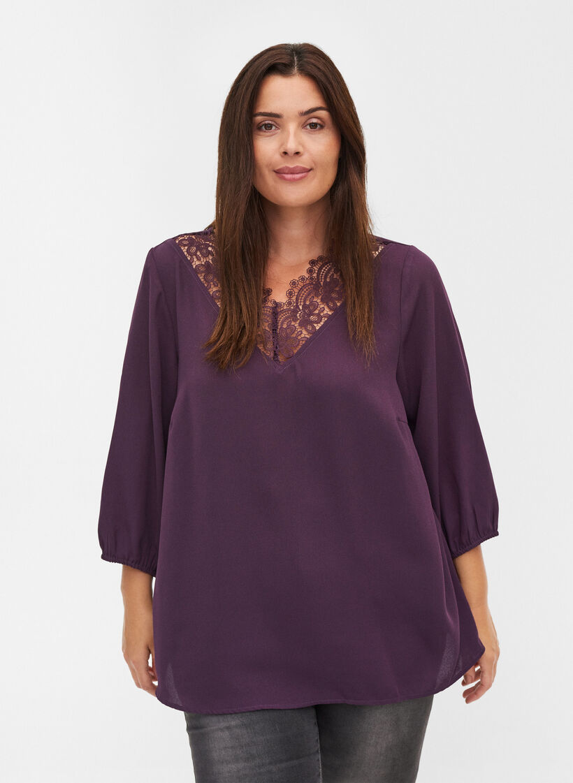 Einfarbige Bluse mit Spitze und 3/4-Ärmeln, Plum Perfect, Model image number 0