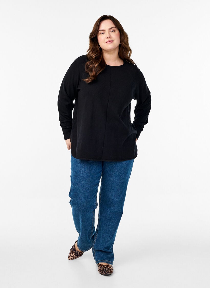 Strickbluse mit Rundhalsausschnitt und Strickmuster, Schwarz, Model image number 1