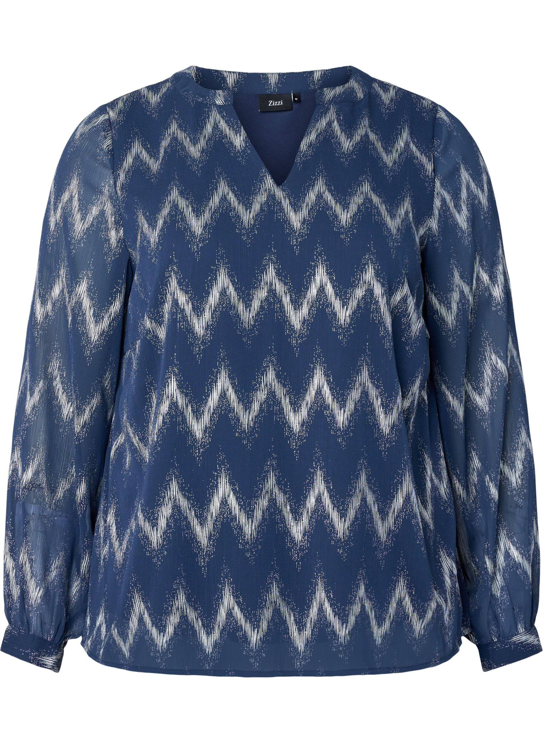 Zizzi Bedruckte Bluse mit V-Ausschnitt, Blau, Packshot image number 0