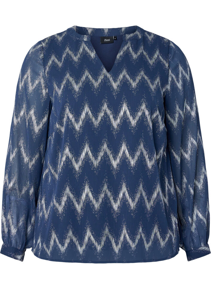 Bedruckte Bluse mit V-Ausschnitt, Blau, Packshot image number 0