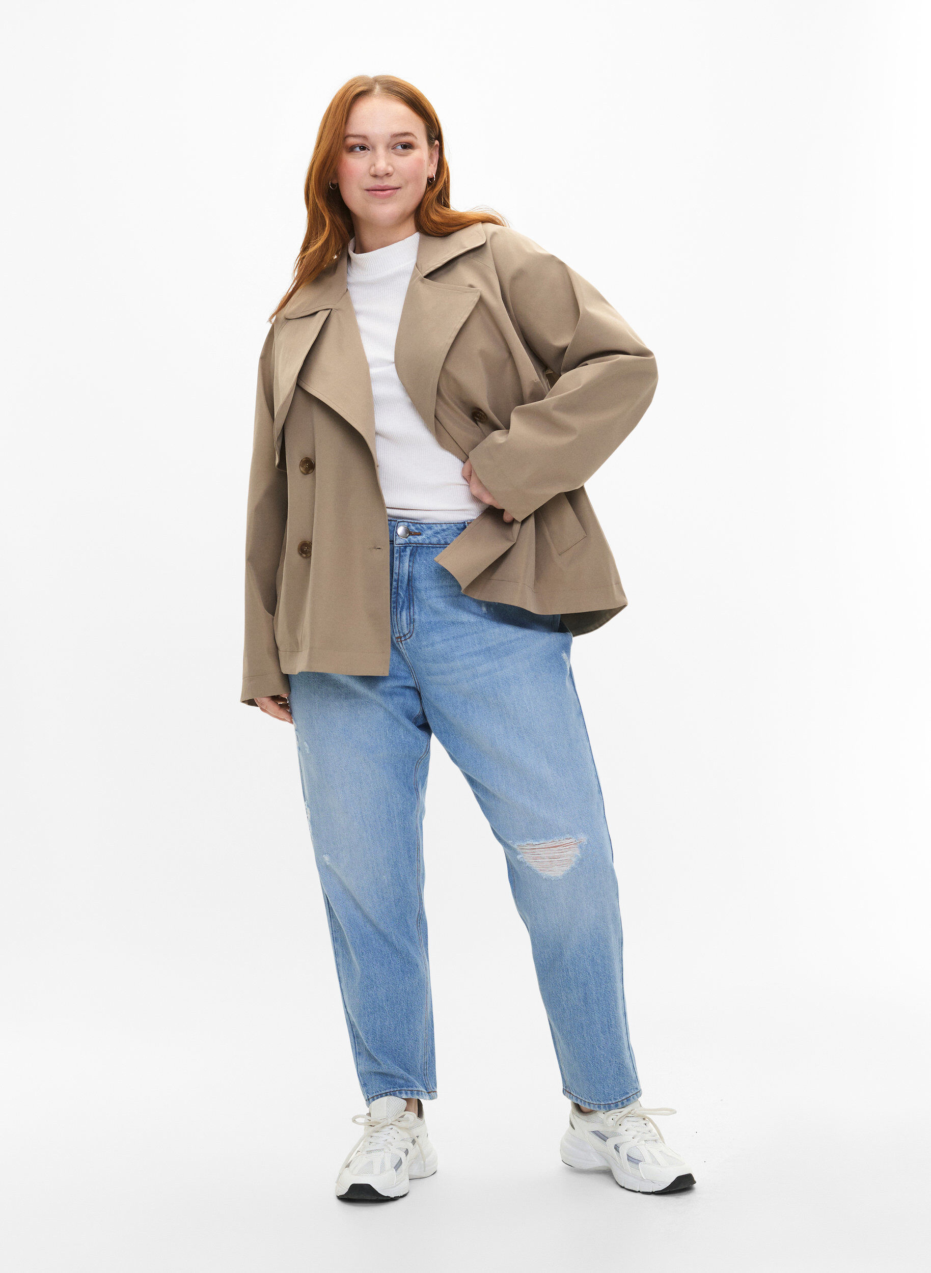 Zizzi Kurzer Trenchcoat mit Druckknopfverschluss, Coriander, Model image number 2