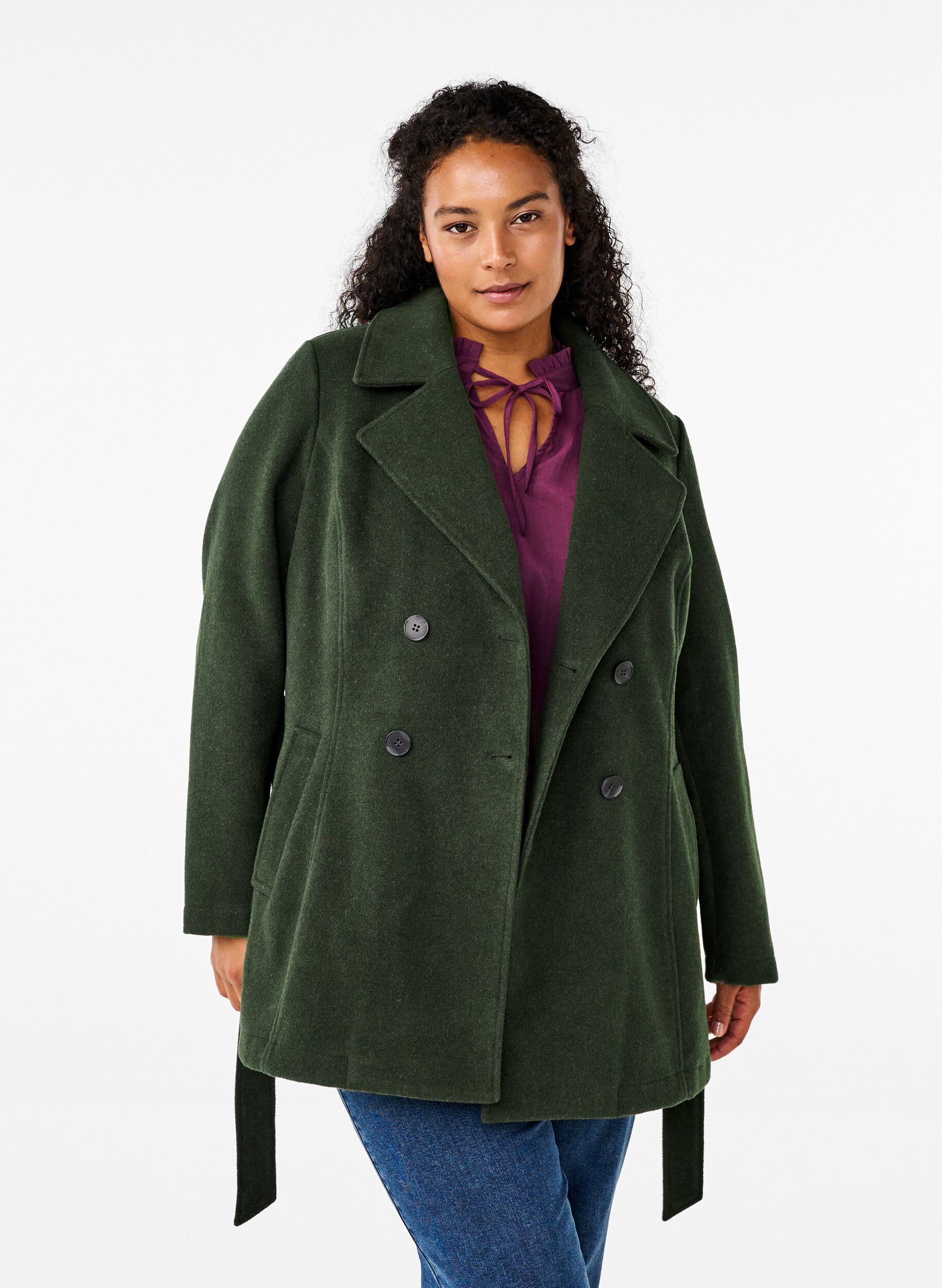 Zizzi Kurze Wolljacke mit G&uuml;rtel, Forest Night Mel., Model image number 0