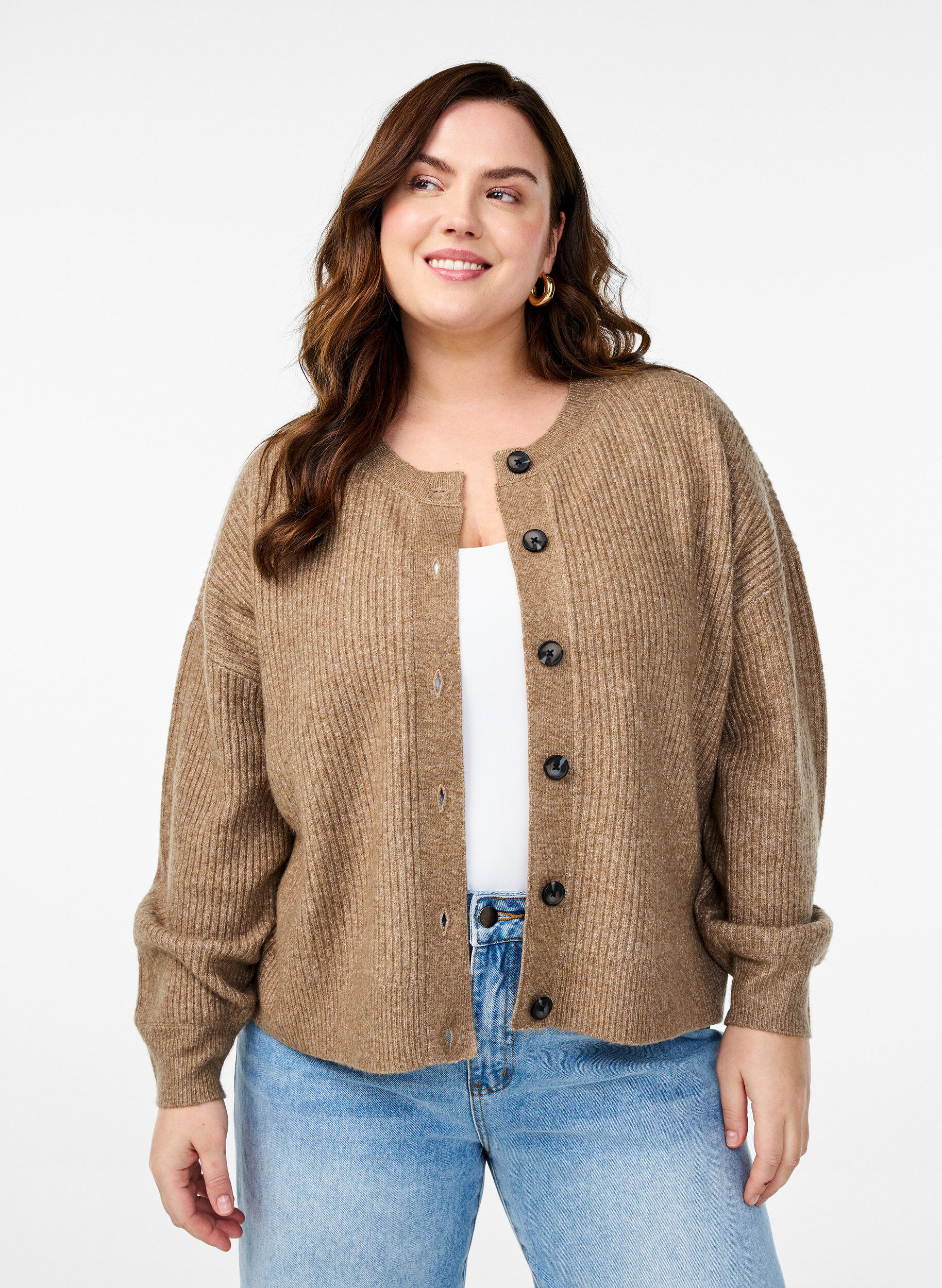Zizzi Rippenstrick Strickjacke mit Kn&ouml;pfen, Braun, Model image number 0