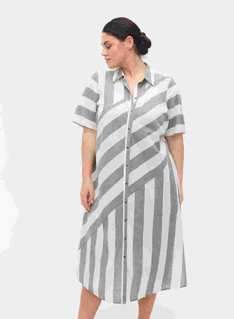 Kurzärmeliges Hemdkleid aus Baumwolle mit Streifen, Thyme Stripe, Model image number 0