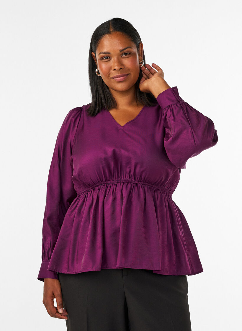 Gl&auml;nzende Bluse aus Viskose mit Peplum-Effekt, Lila, Model image number 0