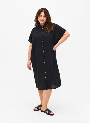Langes Hemd aus Baumwollmischung mit Leinen, Black, Model image number 0