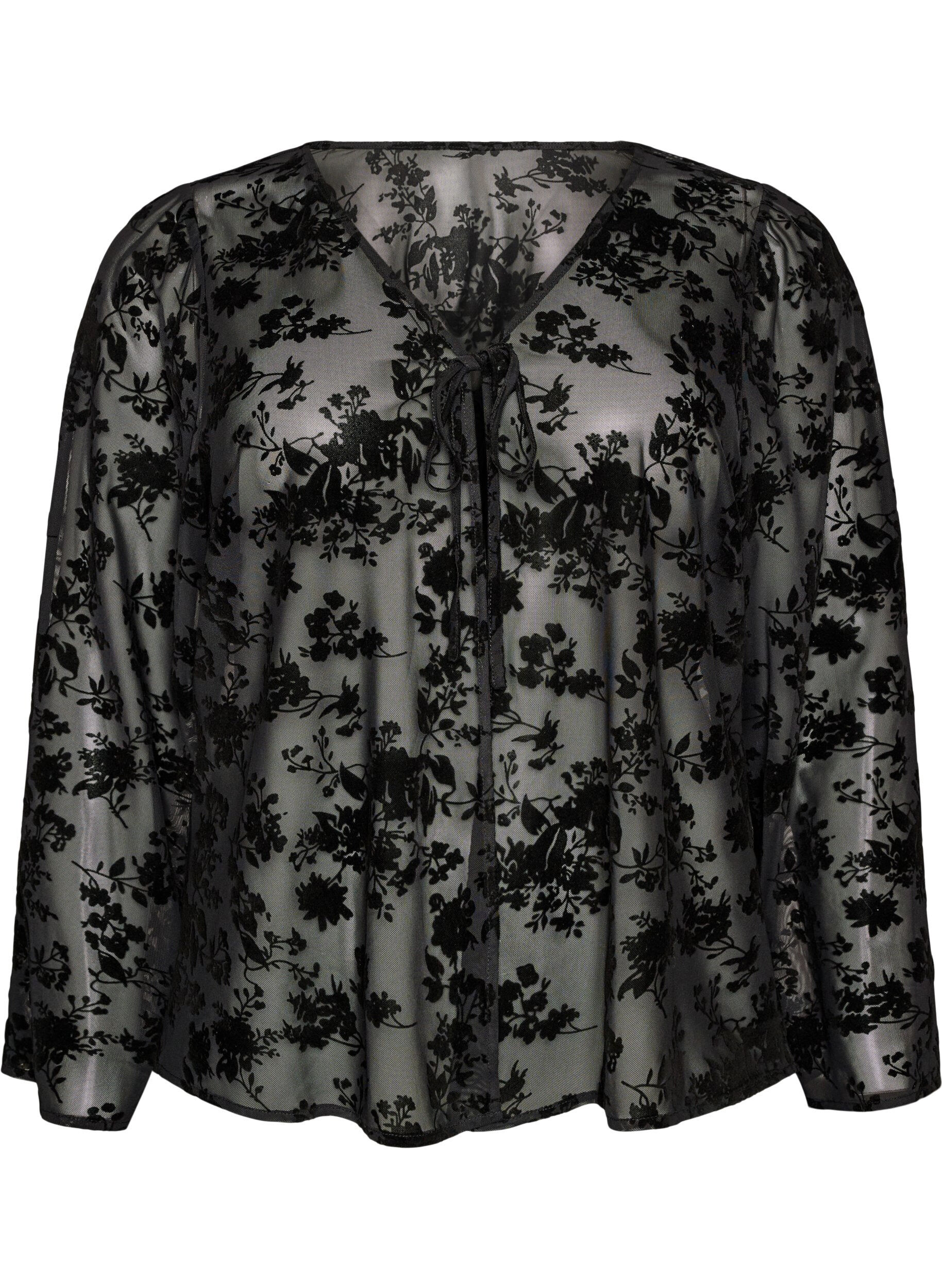 ZizziMeshbluse mit Blumenmuster und offener Front, Schwarz, Packshot image number 0