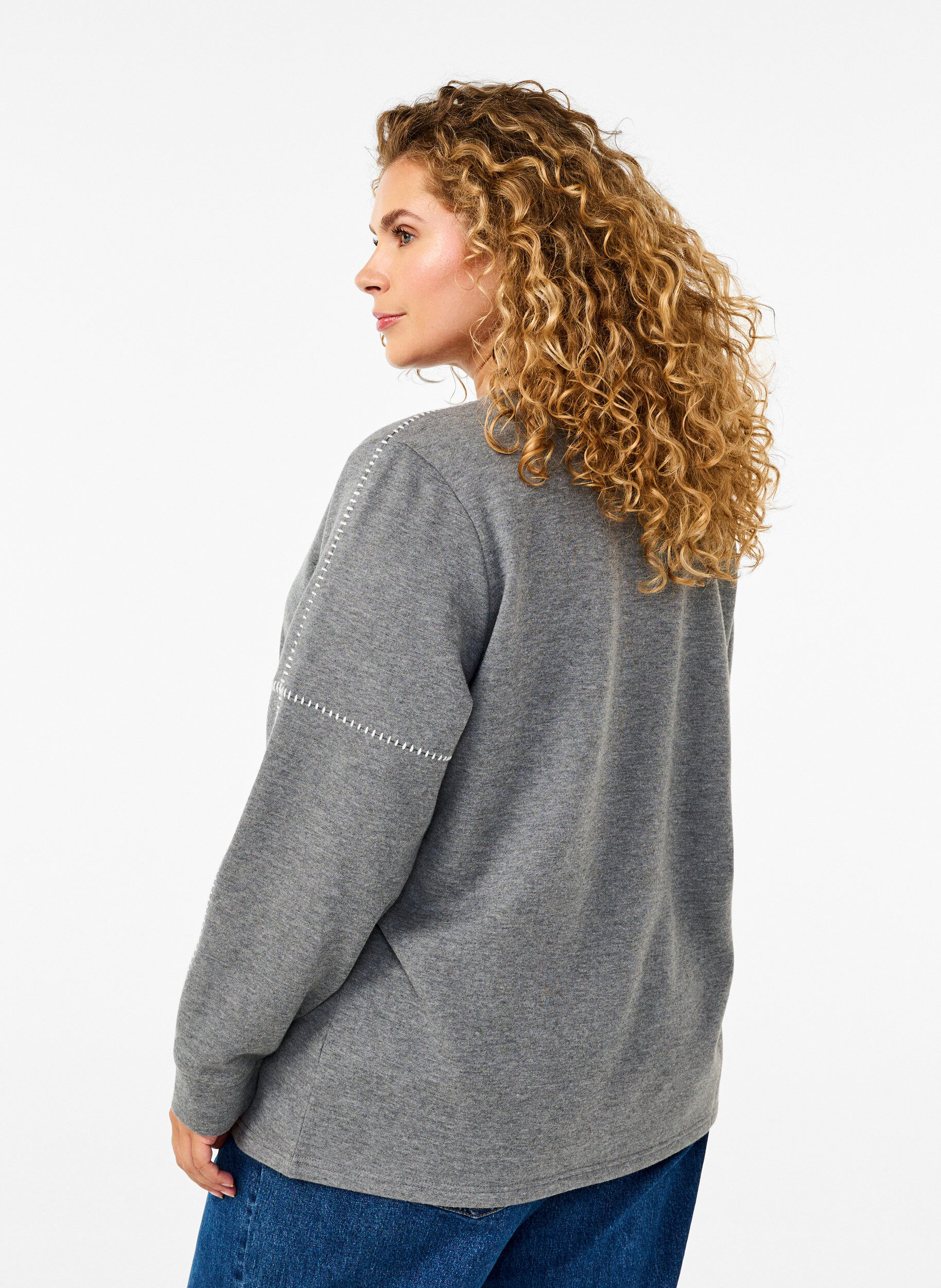 Zizzi Sweatshirt mit Kontrastn&auml;hten, Medium Grey M&eacute;l, Model image number 1