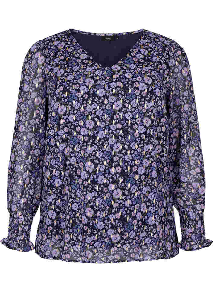 Geblümte Bluse mit langen Ärmeln und V-Ausschnitt, Purple Ditzy Flower, Packshot image number 0