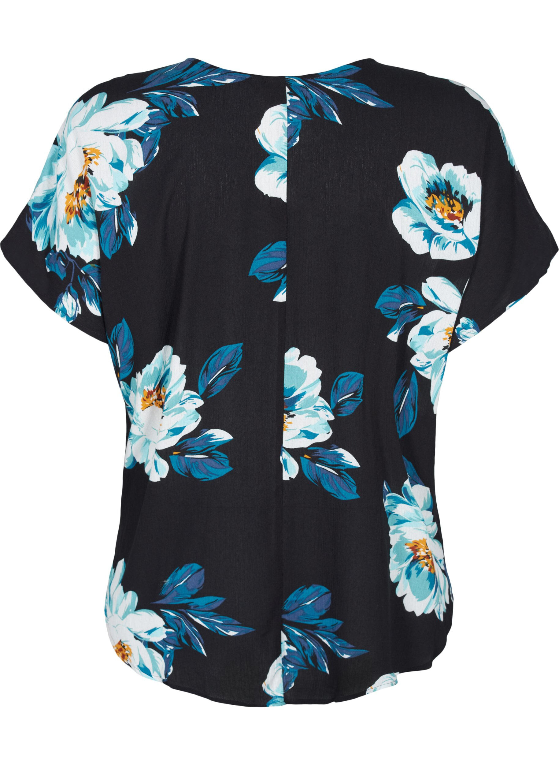 Zizzi Kurzarm Viskosebluse mit Blumenprint, Black Big Flower, Packshot image number 1