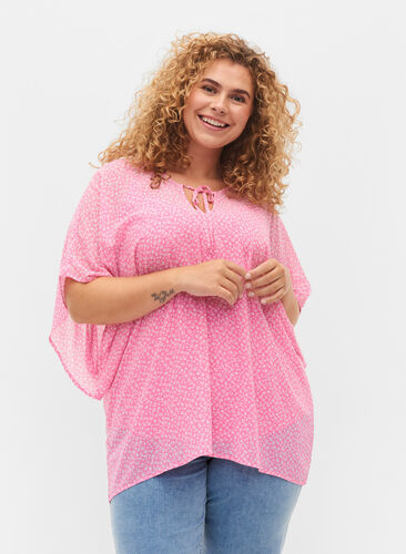 Kurzarm Bluse mit Bindebändern und Print , Pink Ditzy Flower, Model image number 0