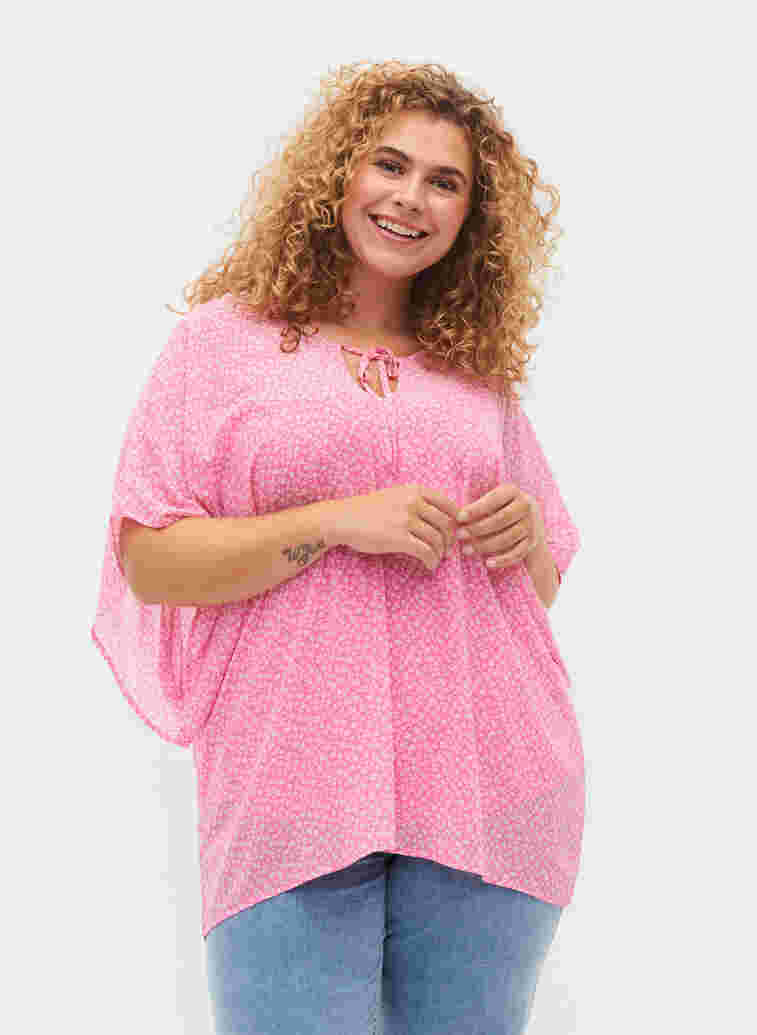 Kurzarm Bluse mit Bindeschnüren und Print , Pink Ditzy Flower, Model