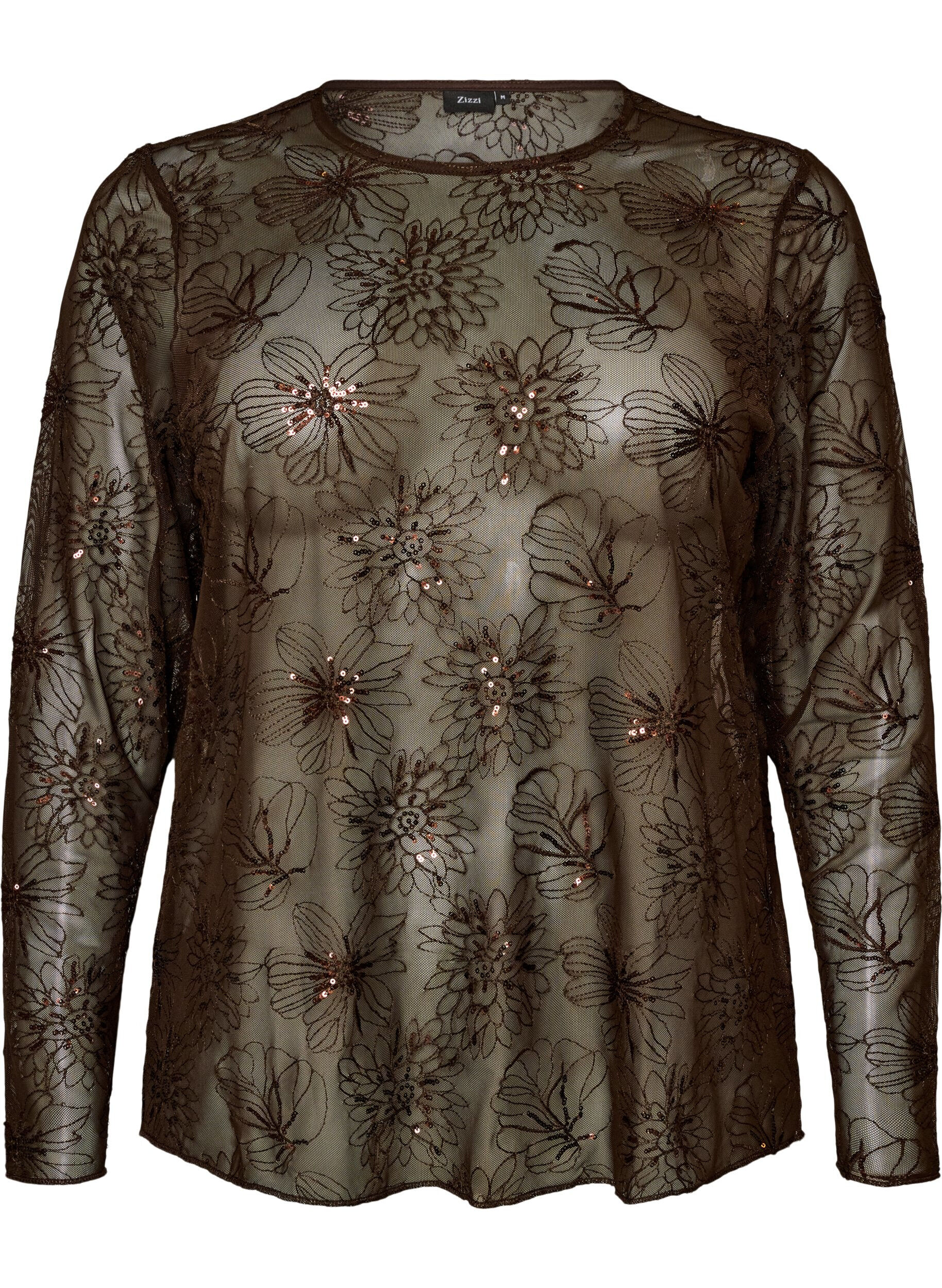 ZizziBluse aus Mesh mit Blumen und Pailletten, Braun, Packshot image number 0