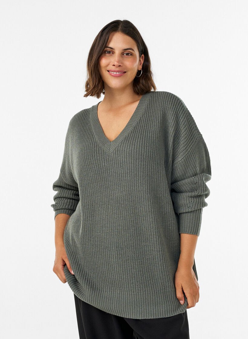 Lange Rippstrickbluse mit V-Ausschnitt, Gr&uuml;n, Model image number 0