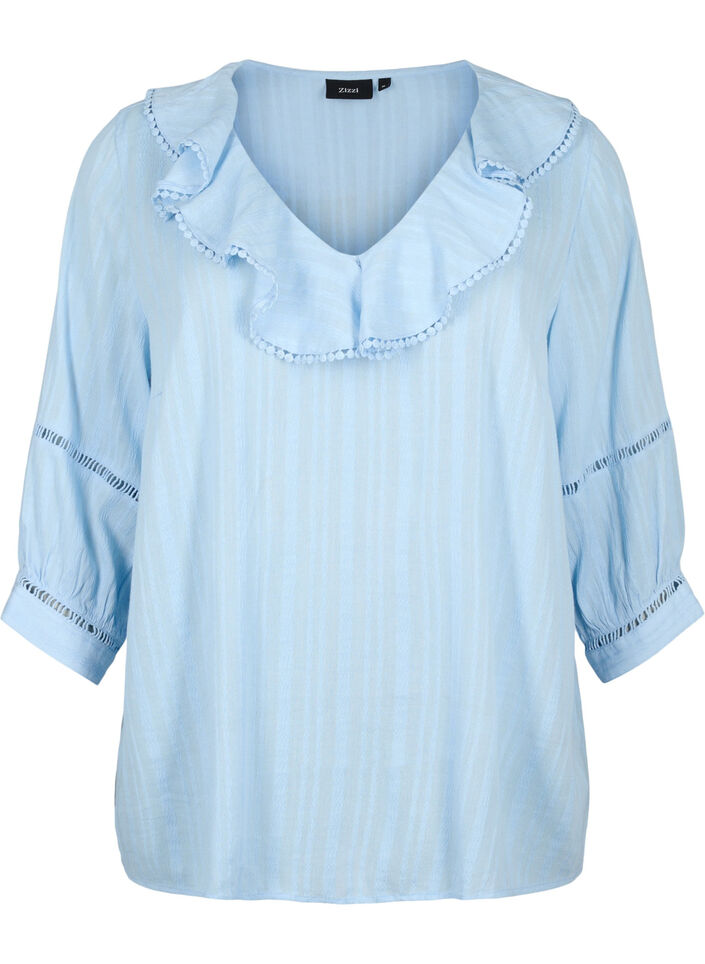 Bluse mit 3/4-Ärmeln und Spitze, Chambray Blue, Packshot image number 0