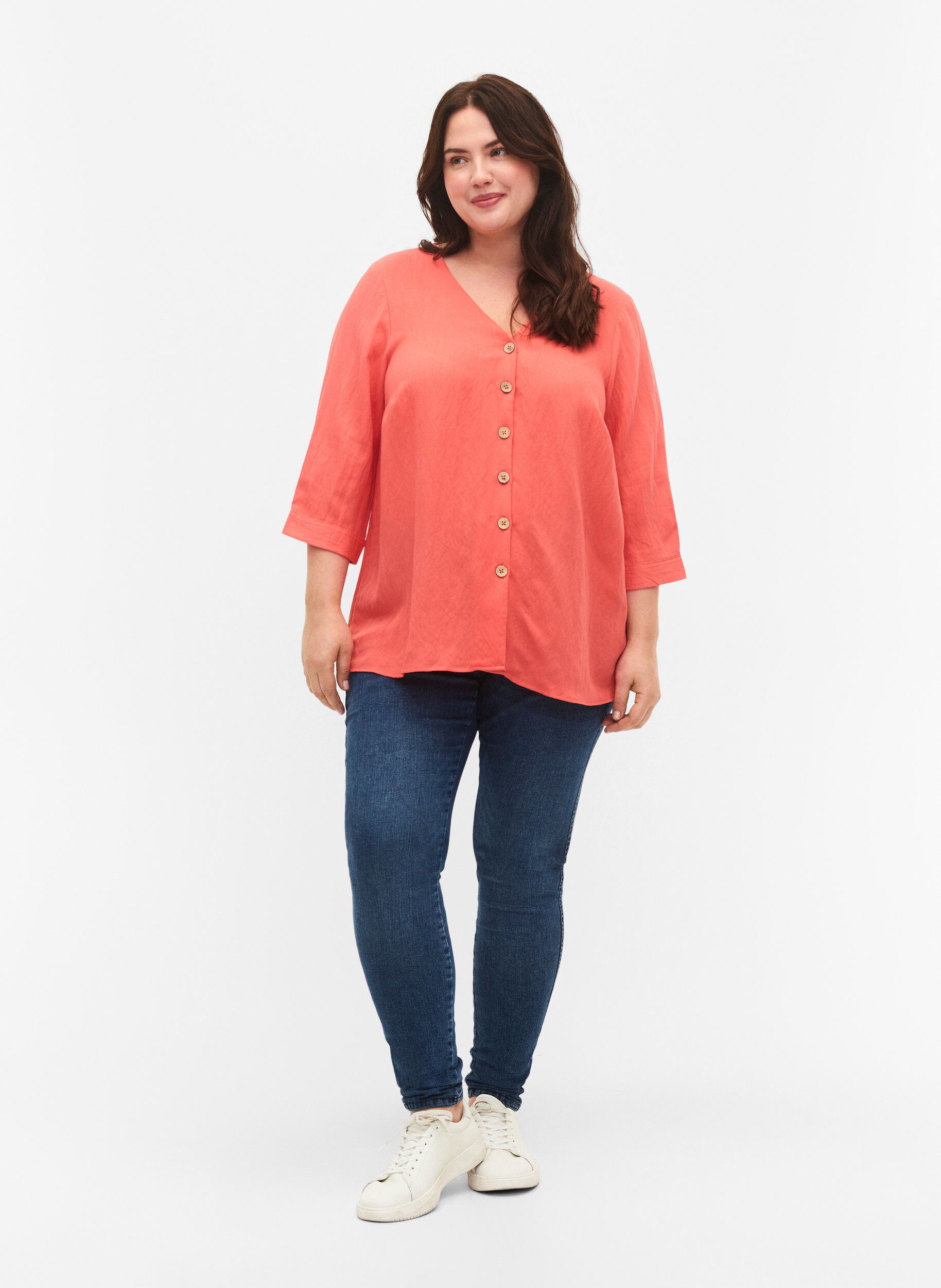 Zizzi Bluse aus Viskose mit Kn&ouml;pfen und V-Ausschnitt, Deep Sea Coral, Model image number 2