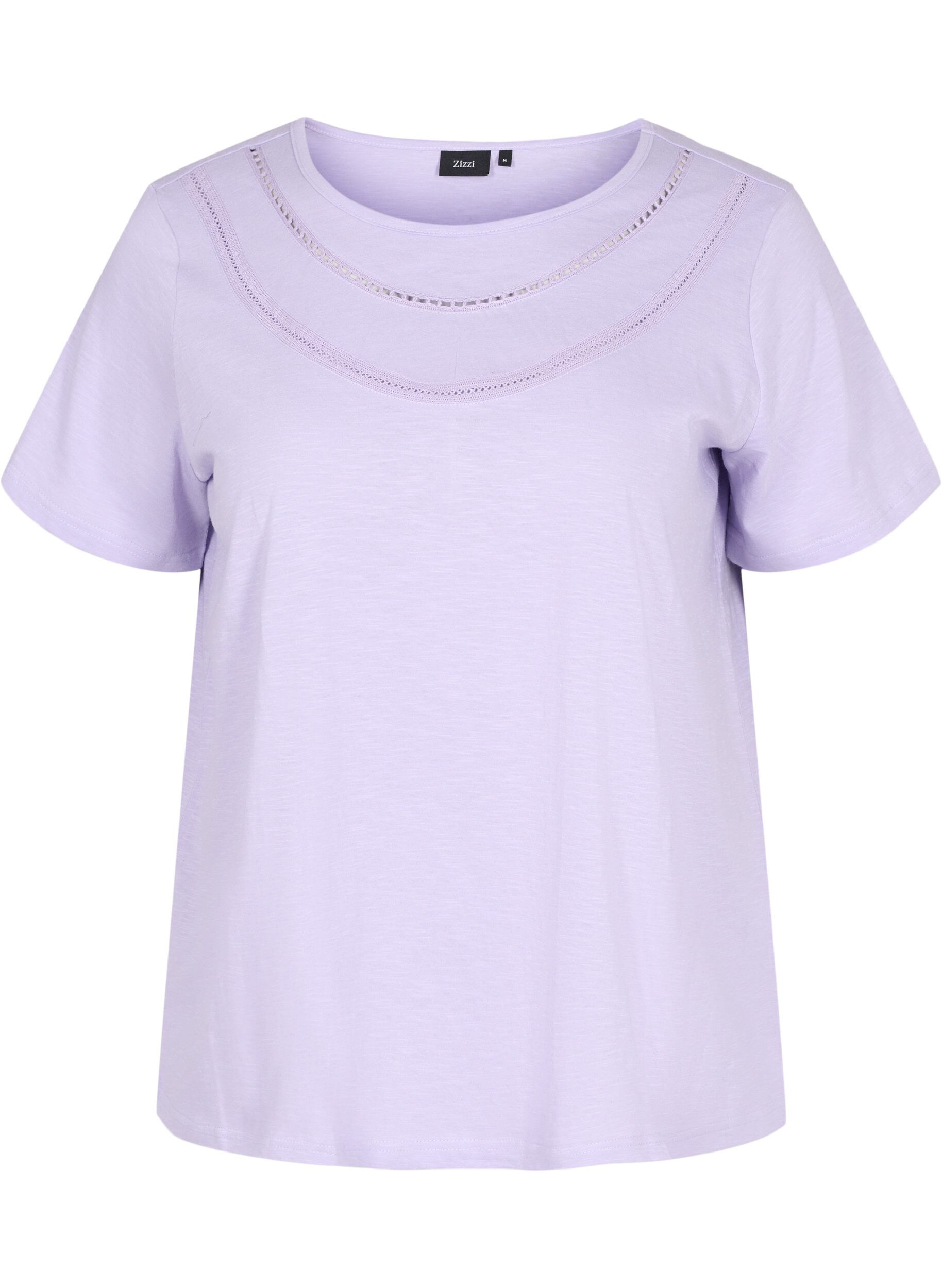 Zizzi T-Shirt aus Baumwolle mit Spitzenband, Lavender, Packshot image number 0