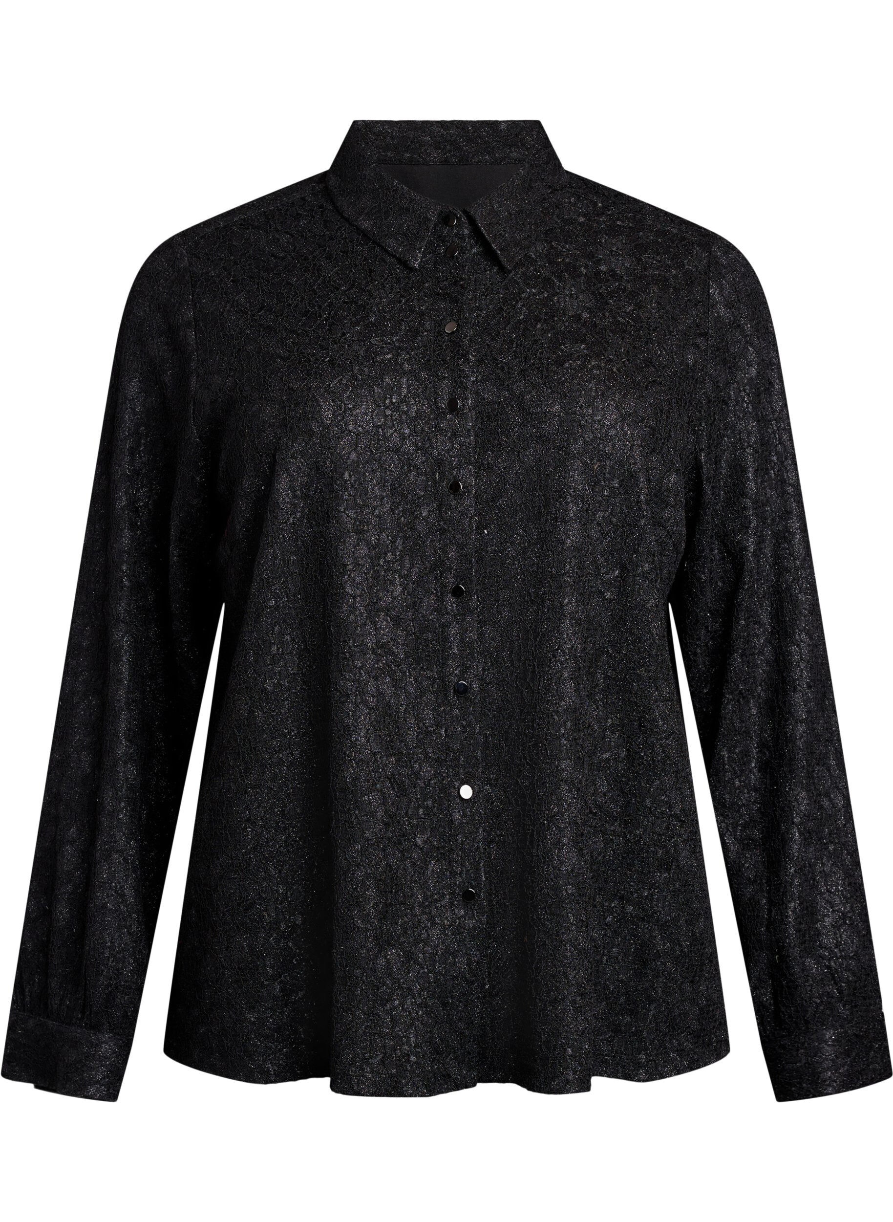 Zizzi Bluse mit Spitzenstruktur und Glitzerfaden, Schwarz, Packshot image number 0