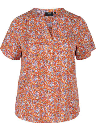 Bluse mit kurzen Ärmeln und V-Ausschnitt, Orange Flower AOP, Packshot image number 0