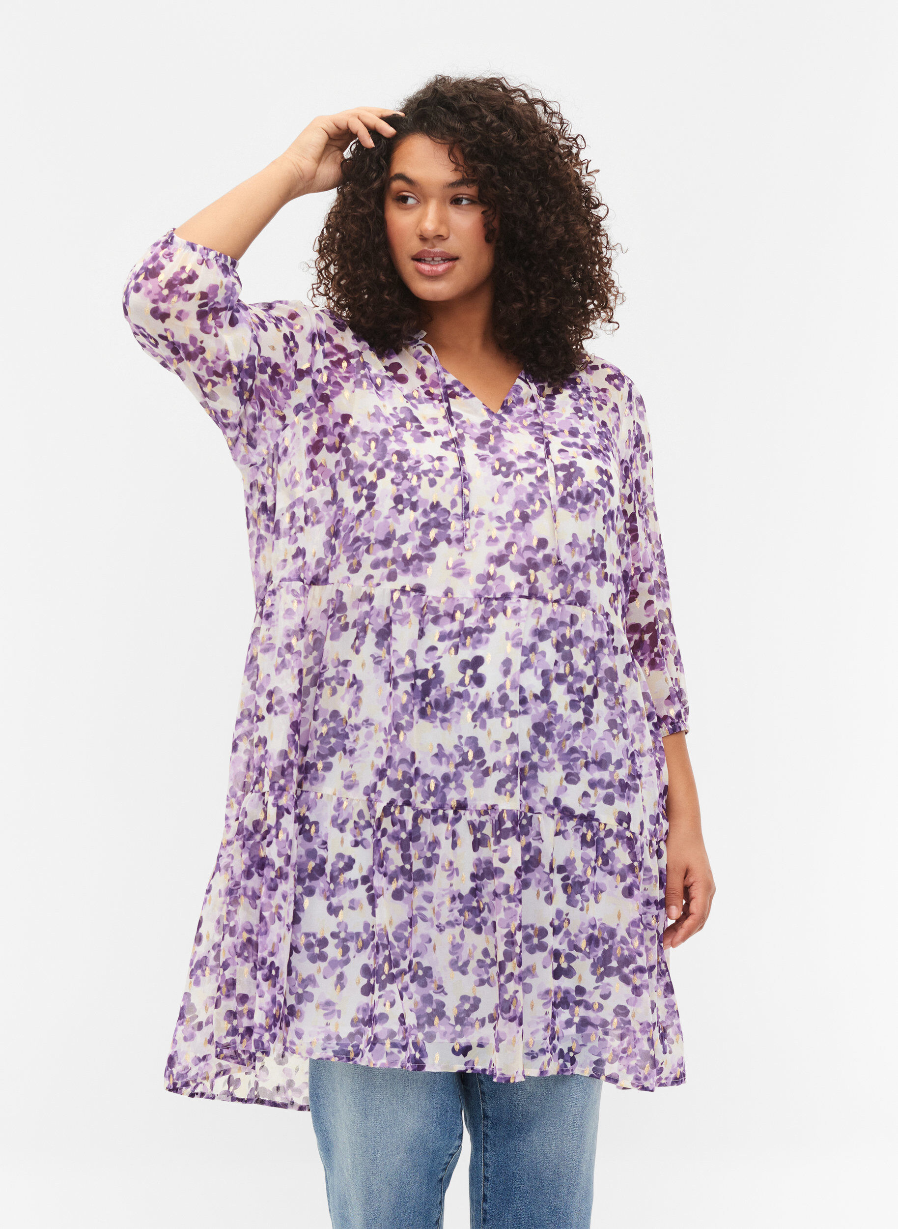 Zizzi Tunika mit Blumendruck und Lurex, Beige/Purple Flower, Model image number 0