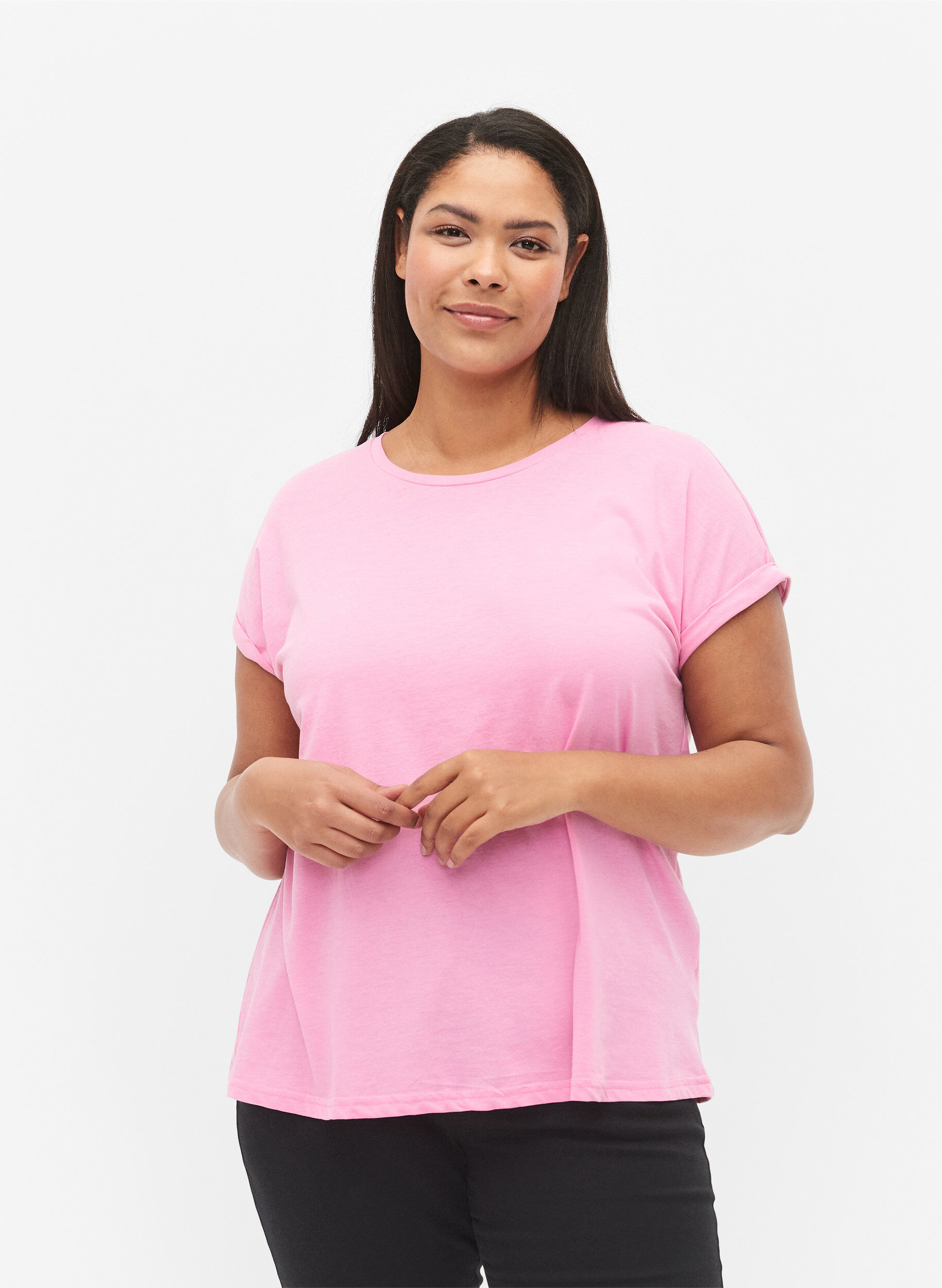 Zizzi Kurz&auml;rmeliges T-Shirt aus einer Baumwollmischung, Pink, Model image number 0