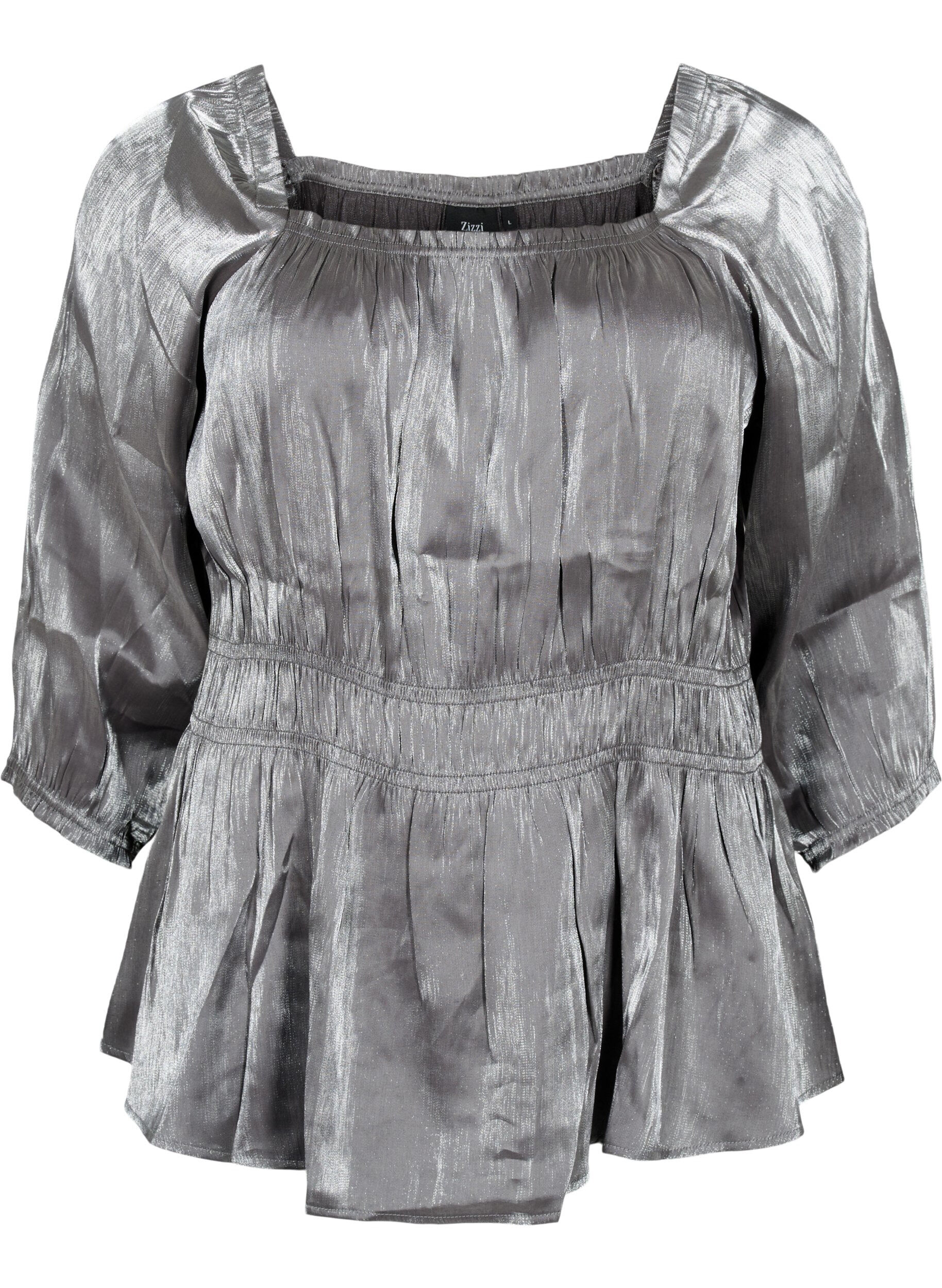 Zizzi Silberfarbene Bluse mit 3/4-&Auml;rmeln und Smock, Dark Silver, Packshot image number 0