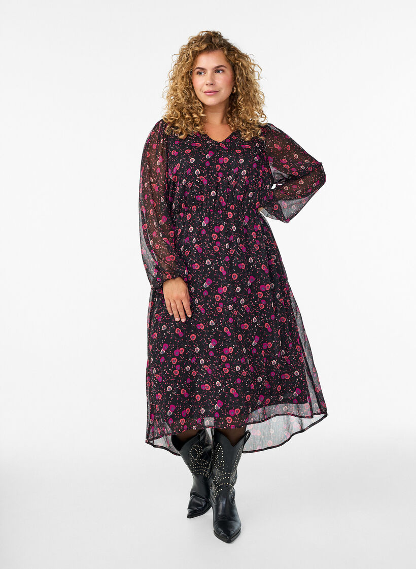 Kleid aus Chiffon mit Blumenmuster und langen &Auml;rmeln, Schwarz, Model image number 0