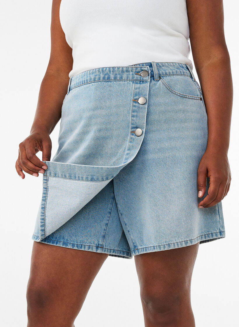 Denimskort mit Wickeloptik und hoher Taille, Blau, Model image number 3