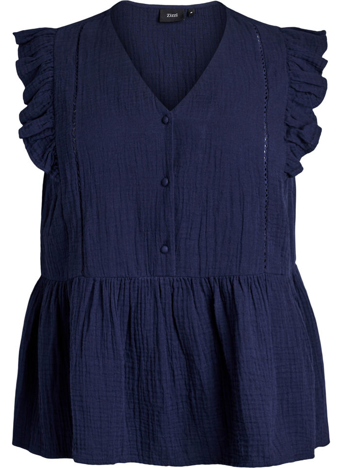 &Auml;rmellose Bluse aus Baumwoll-Musselin mit R&uuml;schen, Blau, Packshot image number 0