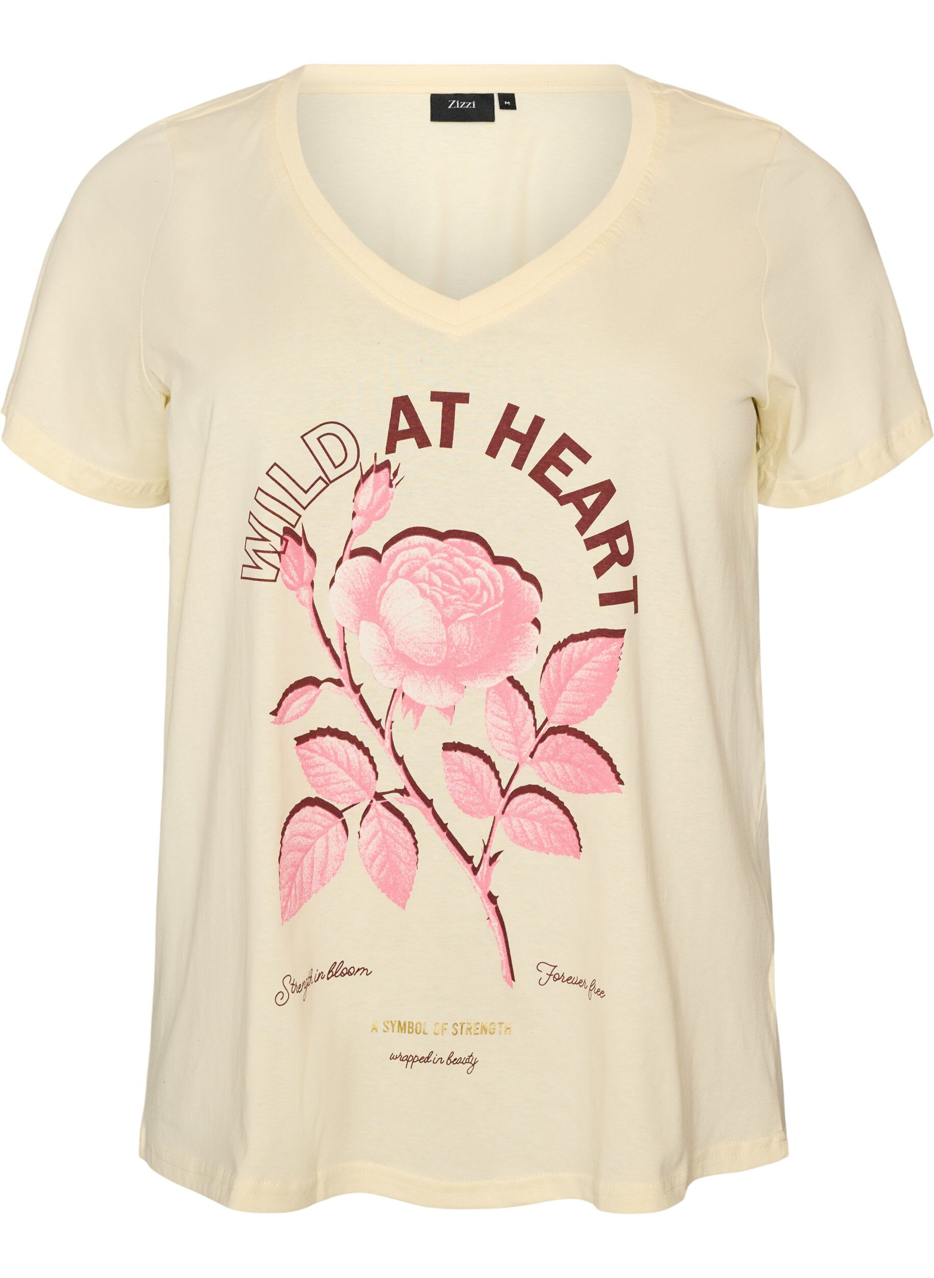ZizziT-Shirt aus Baumwolle mit Frontprint und V-Ausschnitt, Beige, Packshot image number 0