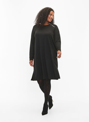 Langärmliges Jerseykleid mit Knöpfen, Black, Model image number 3