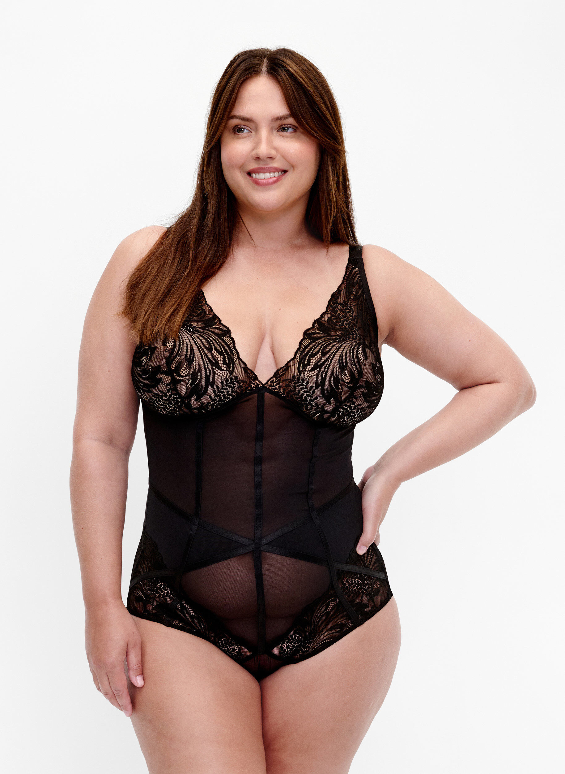 Zizzi Bodystocking mit Mesh und Spitze, Black, Model image number 0