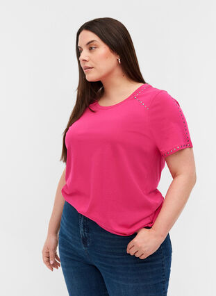 Kurzarm T-Shirt aus Baumwolle mit Nieten, Fuchsia Purple, Model image number 0