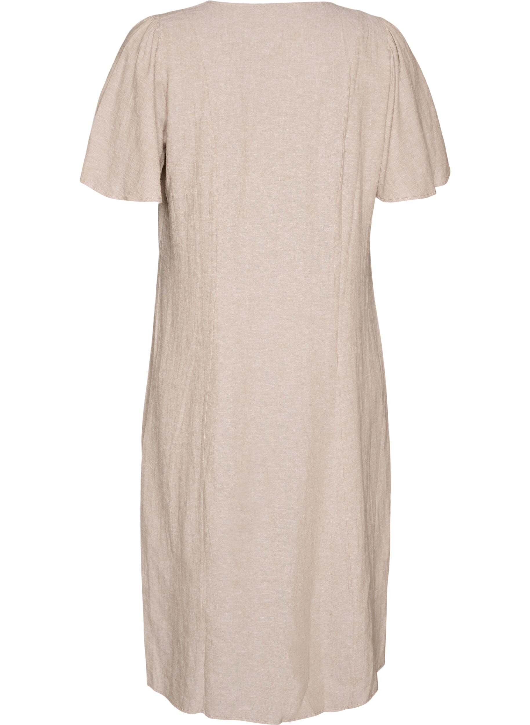 ZizziMidikleid aus Leinen und Viskose mit R&uuml;schen&auml;rmeln, Beige, Packshot image number 1