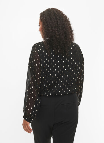 Bedruckte Bluse mit V-Ausschnitt, Black w. Gold, Model image number 1