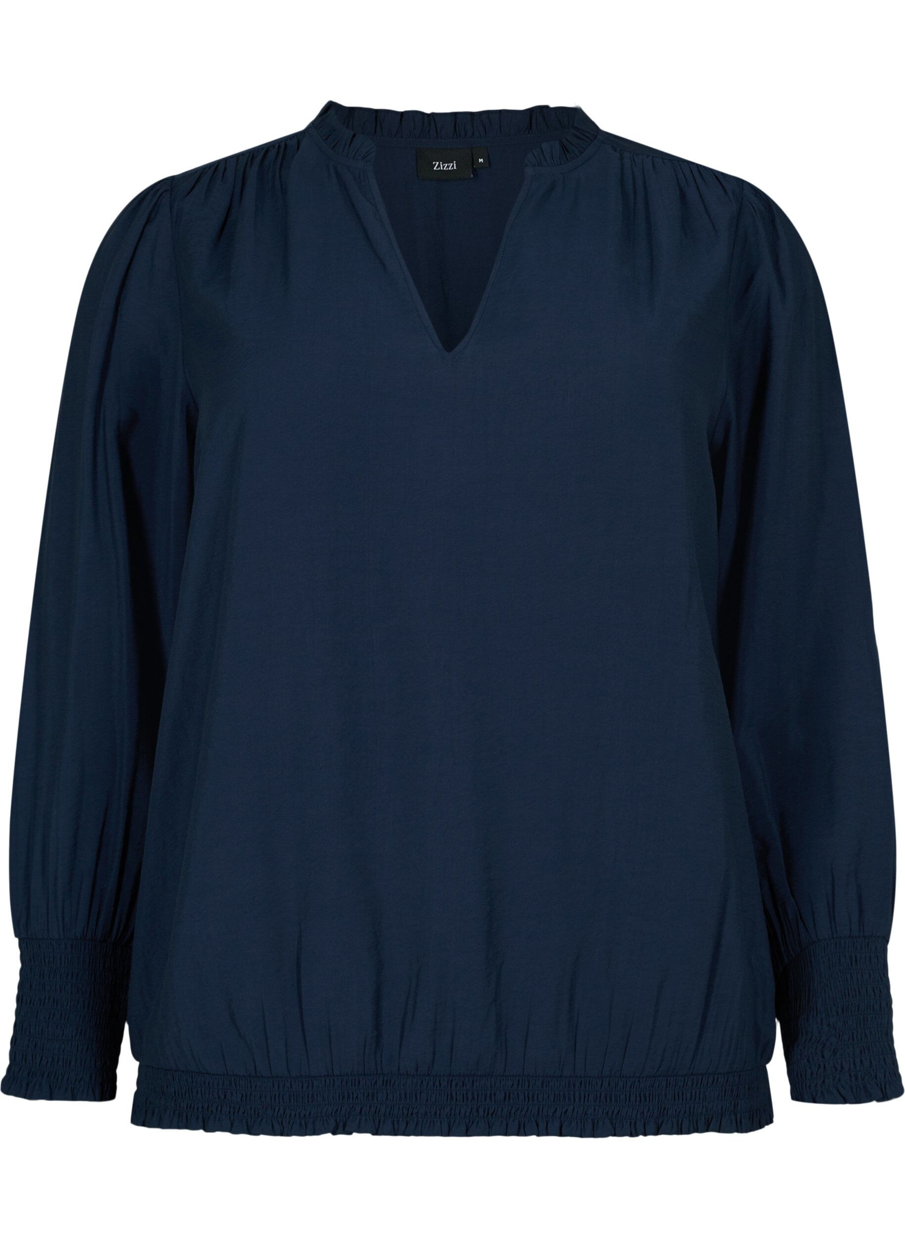 Zizzi Viskosebluse mit langen &Auml;rmeln und Smock, Navy Blazer, Packshot image number 0