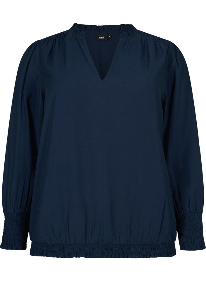Viskosebluse mit langen Ärmeln und Smock, Navy Blazer, Packshot image number 0