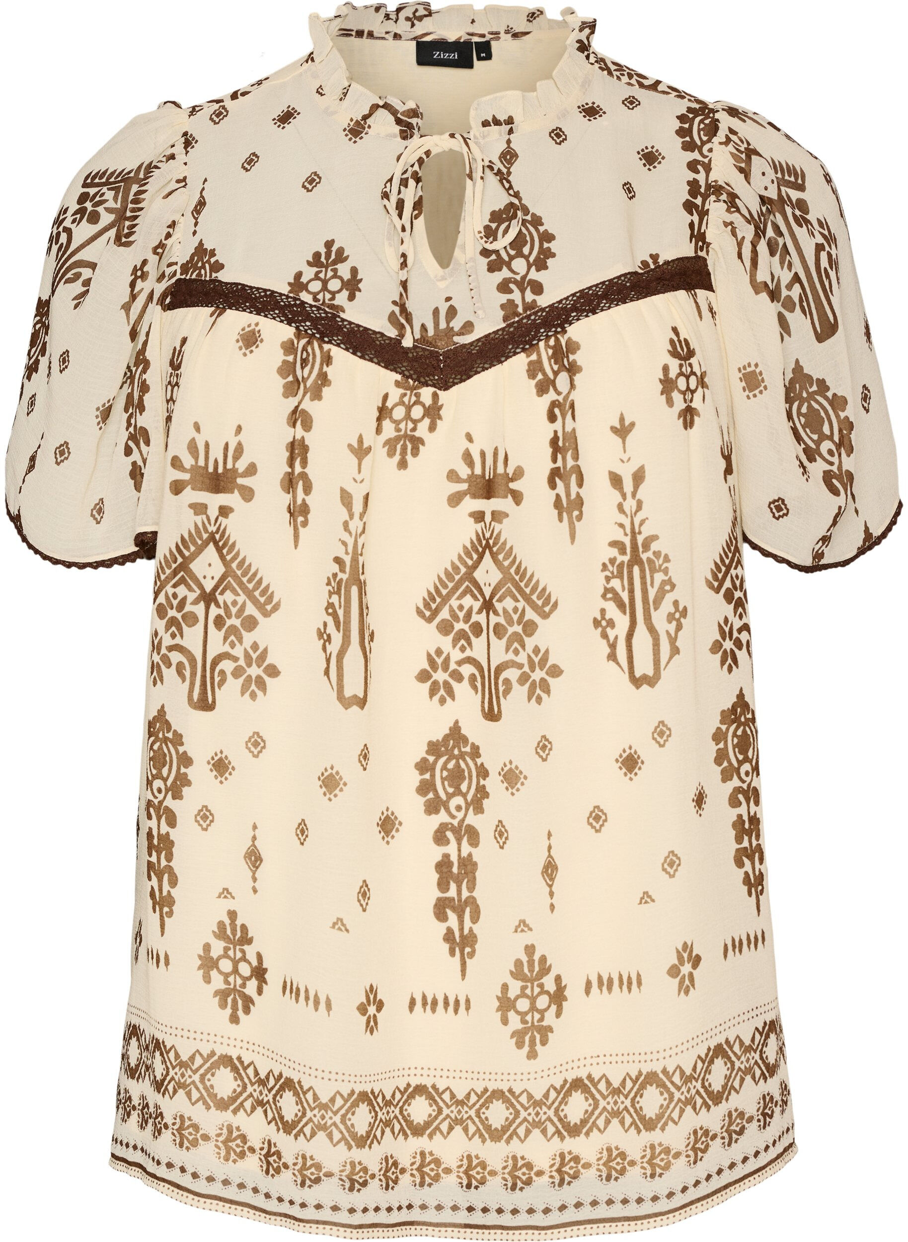 Bluse mit Muster und H&auml;kelborte