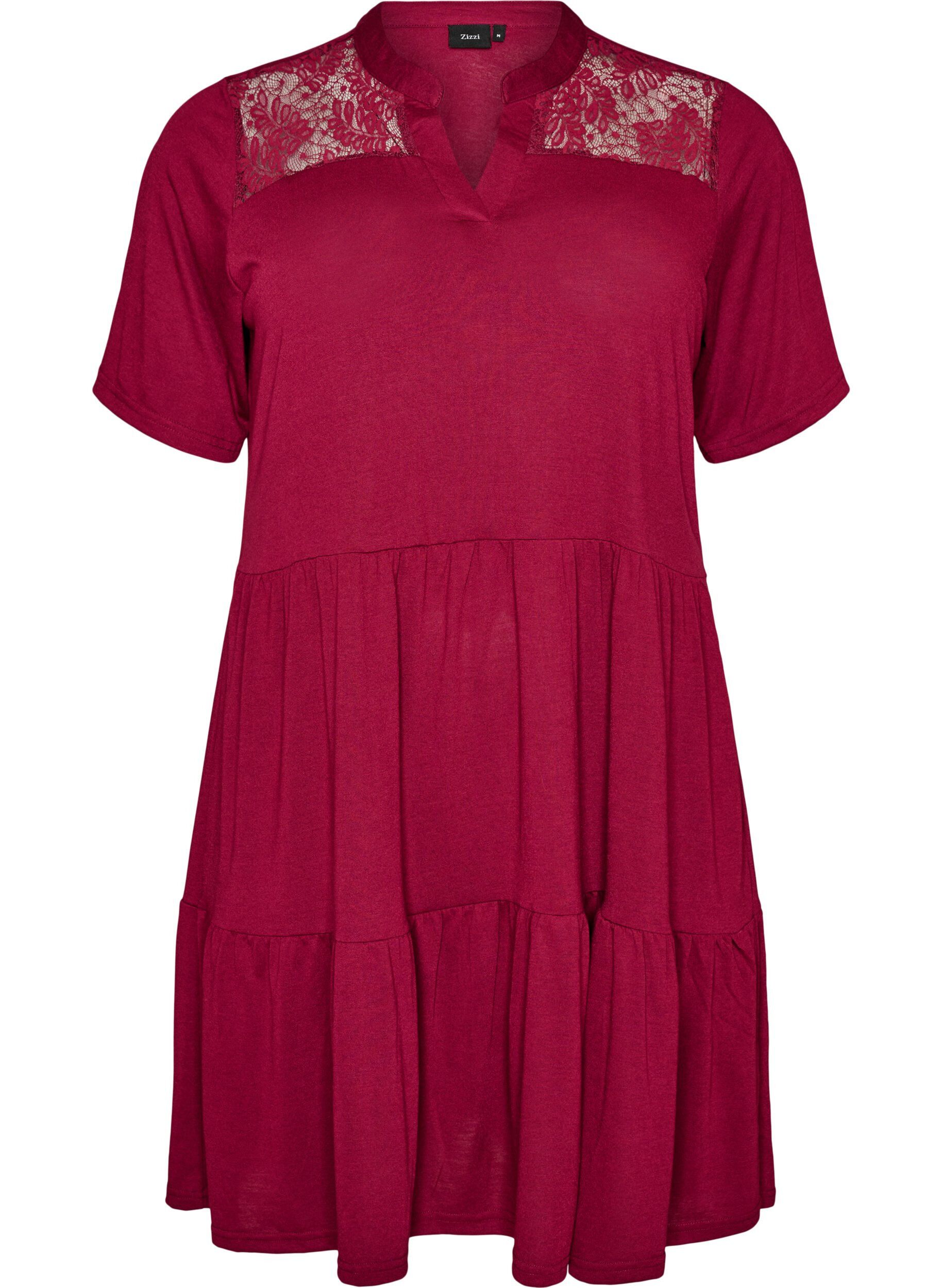 ZizziJerseykleid mit Spitzendetails und mehrlagigem Rock, Rot, Packshot image number 0
