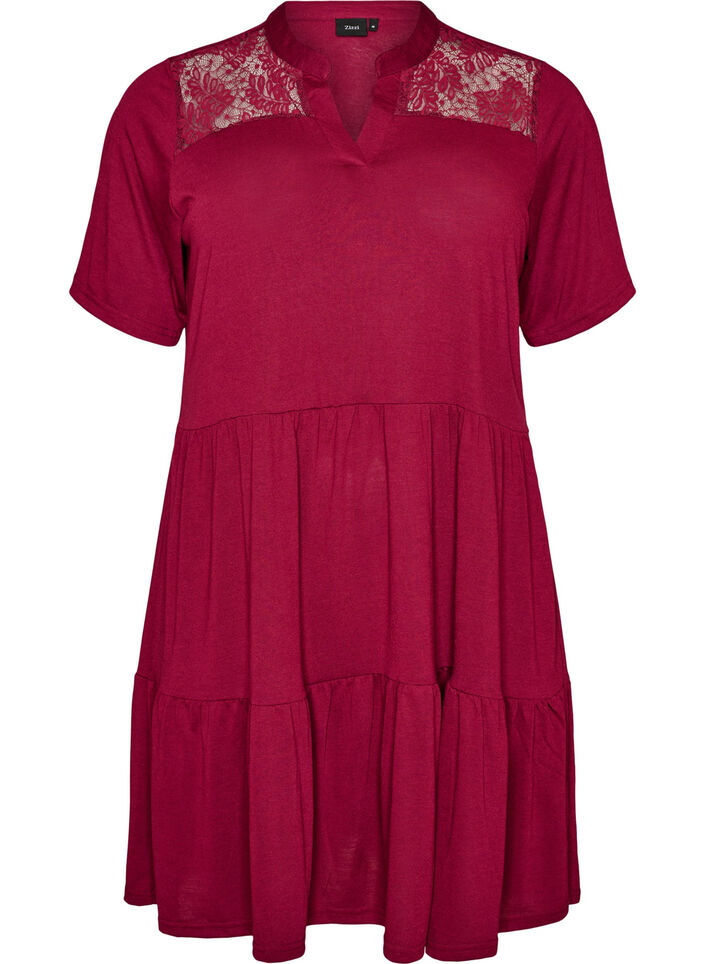 Jerseykleid mit Spitzendetails und mehrlagigem Rock, Rot, Packshot image number 0