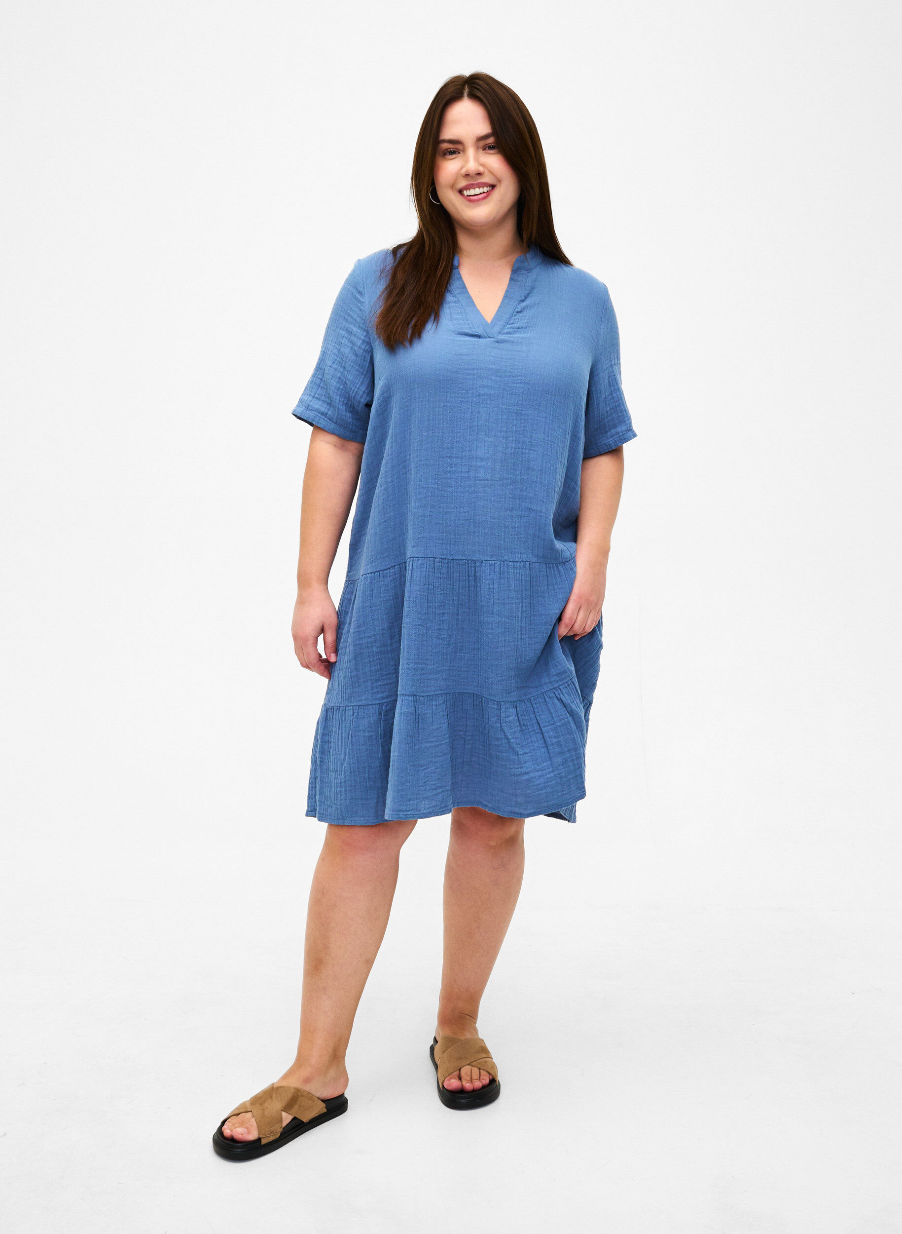 Zizzi Kurzarmkleid aus 100 % Baumwolle, Moonlight Blue, Model image number 2