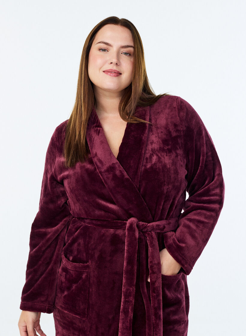 Morgenmantel aus weichem Velours mit Taschen, Dunkles Bordeaux, Model image number 2