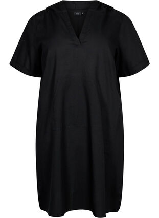 Kapuzenkleid aus Baumwollmischung mit Leinen, Black, Packshot image number 0