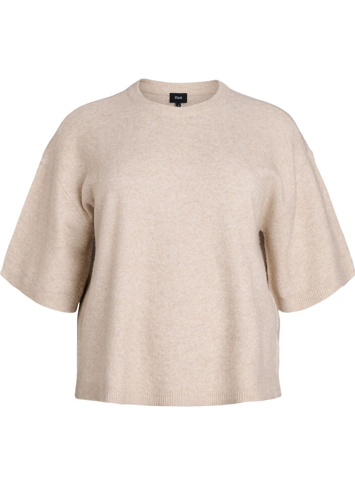 Locker sitzende Strickshirt mit kurzen Ärmeln, Beige, Packshot image number 0