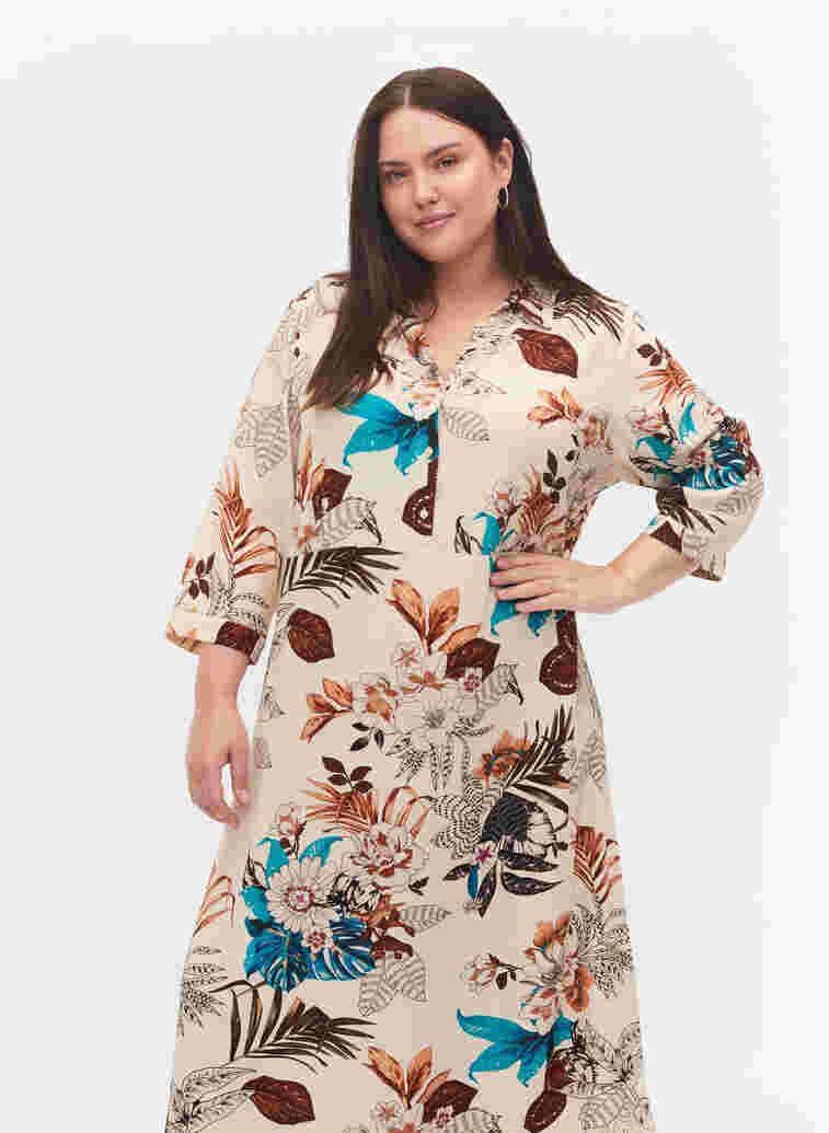 Hemdkleid aus Viskose mit Blumendruck, Brown Flower AOP, Model image number 2
