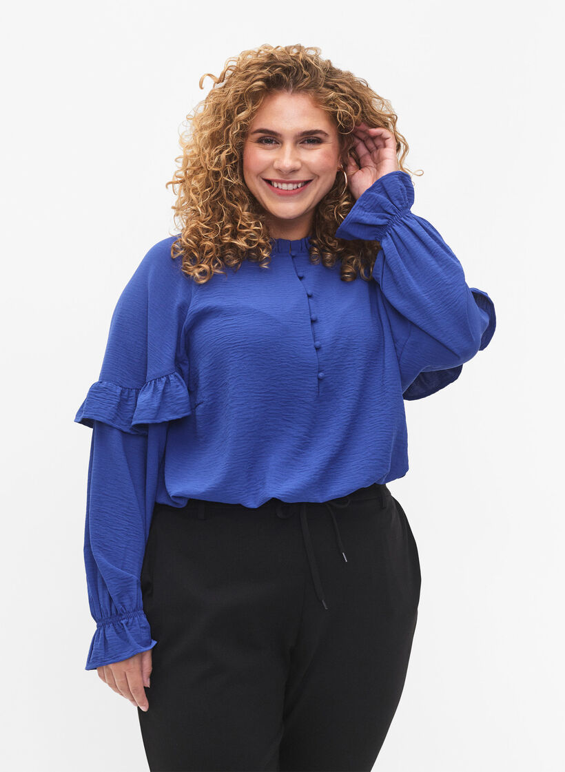Bluse mit Rüschen und Knöpfen, Deep Ultramarine, Model image number 0