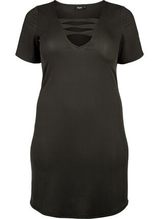 Eng anliegendes Kleid mit V-Ausschnitt und Riemendetail, Black, Packshot image number 0