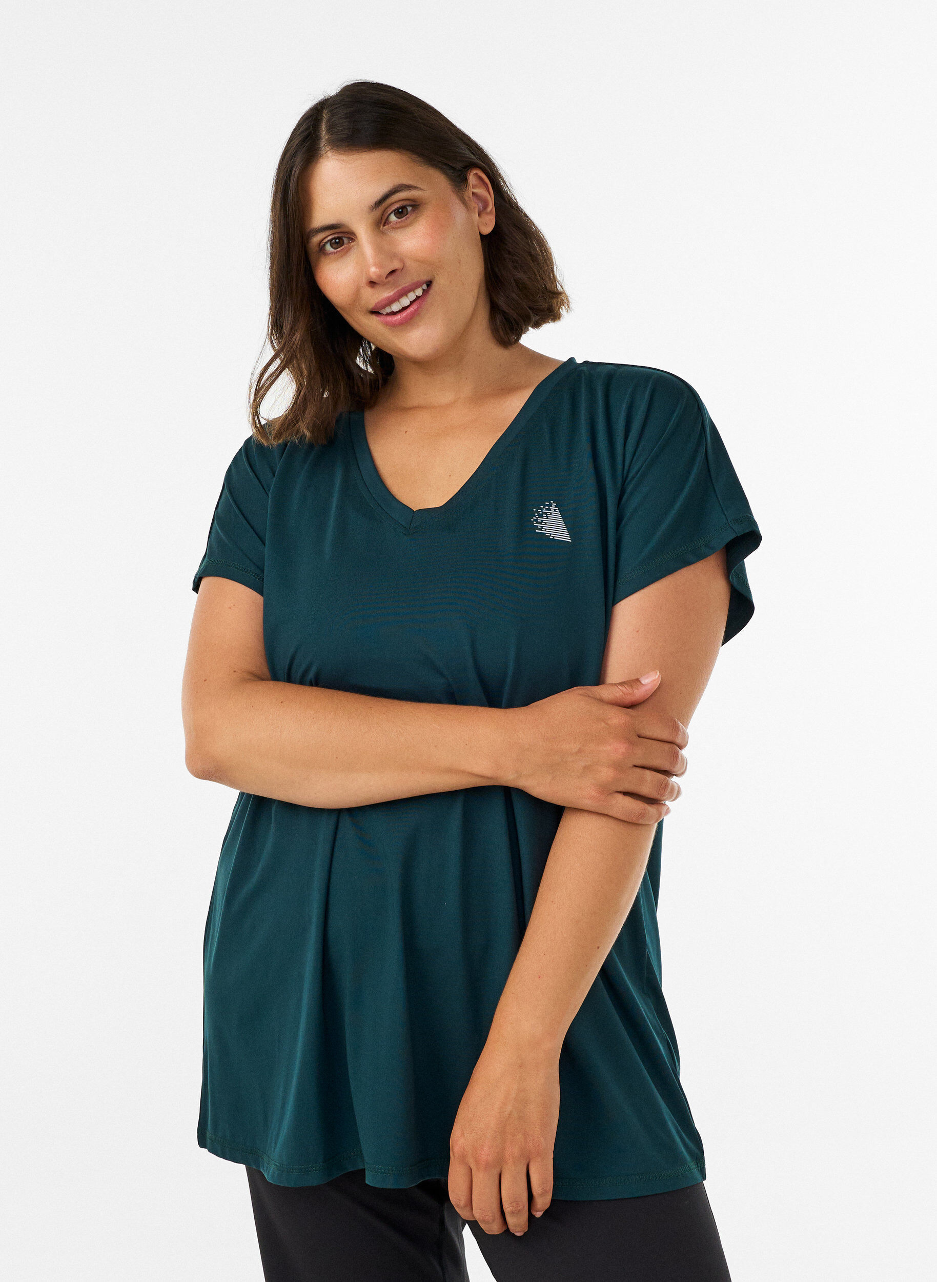 Lockeres Trainings-T-Shirt mit V-Ausschnitt, Gr&uuml;n, Model