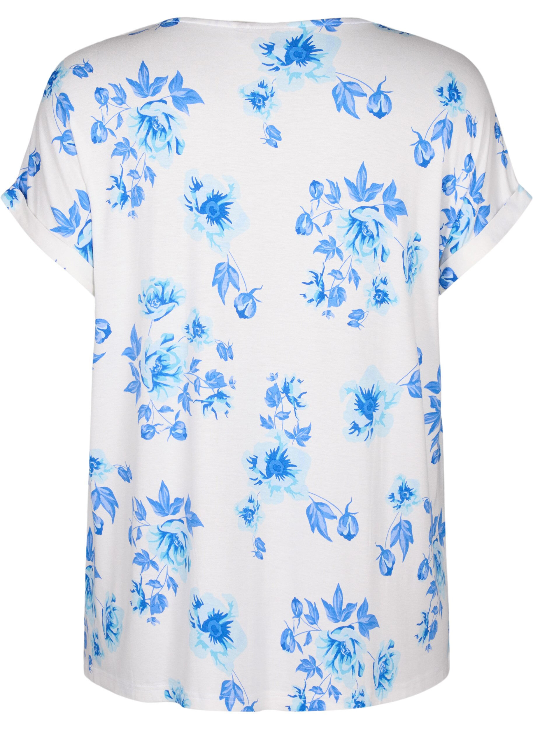 Zizzi Gebl&uuml;mte Bluse aus Viskose mit kurzen &Auml;rmeln, White Blue AOP, Packshot image number 1