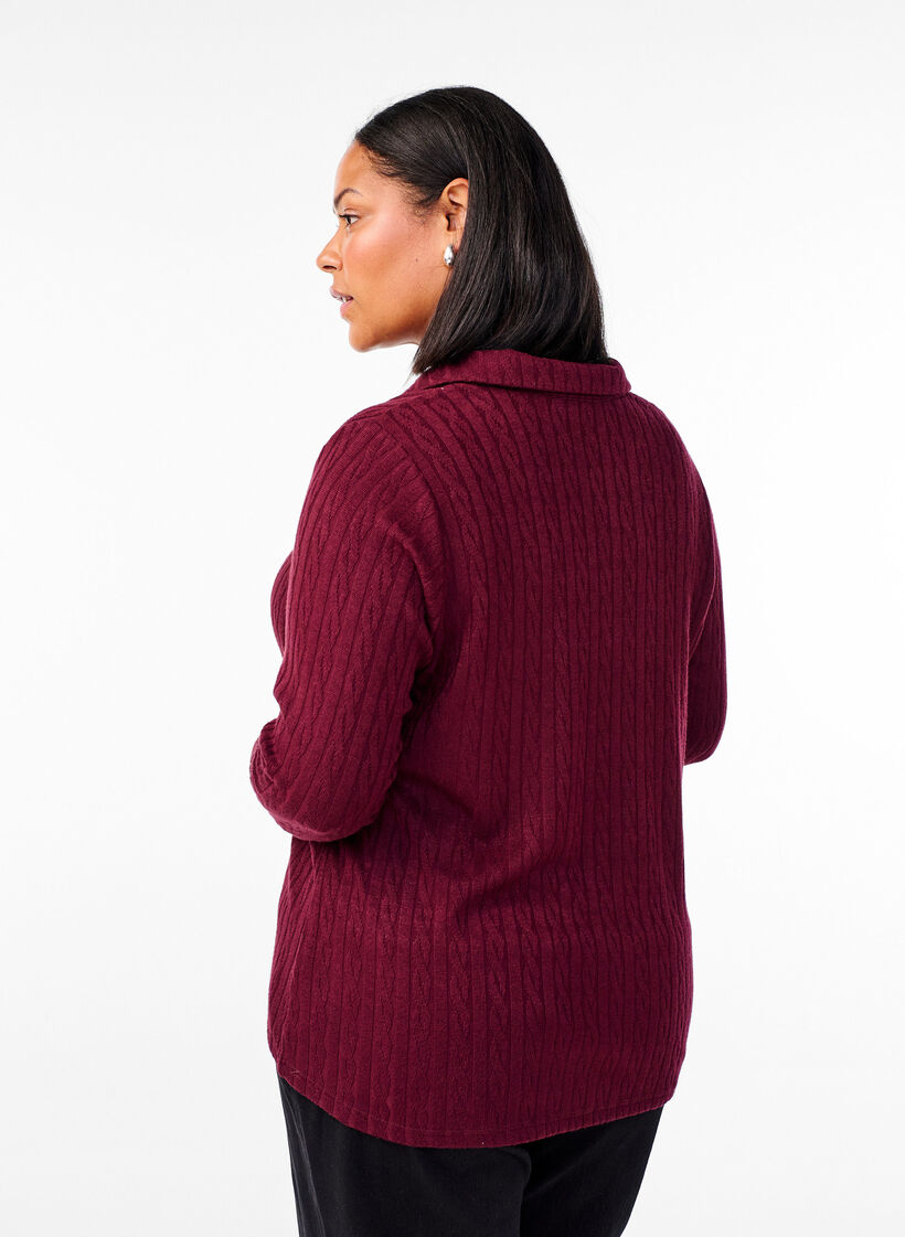 Strickbluse mit Kragen und Zopfmuster, Dunkles Bordeaux, Model image number 2